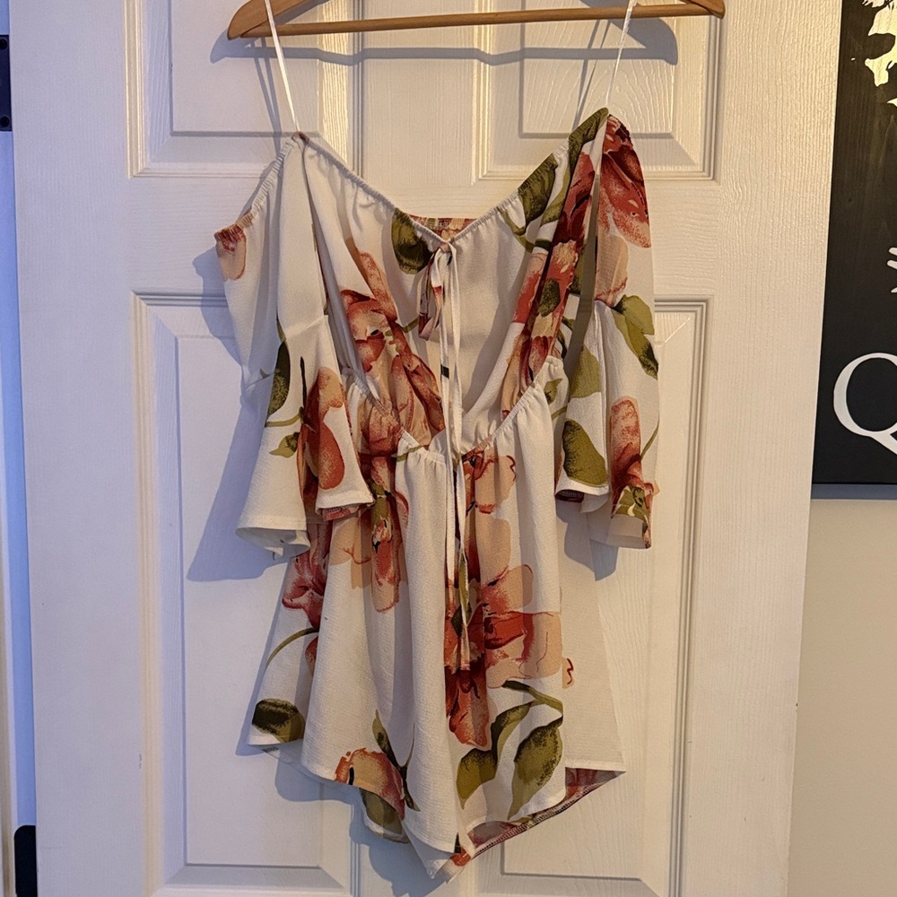 ROMWE Floral Off-Shoulder Jumpsuit - White and Pink